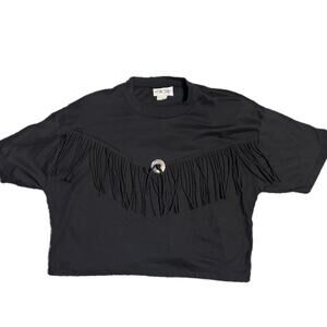 90s black fringe western shirt with silver medallion detail